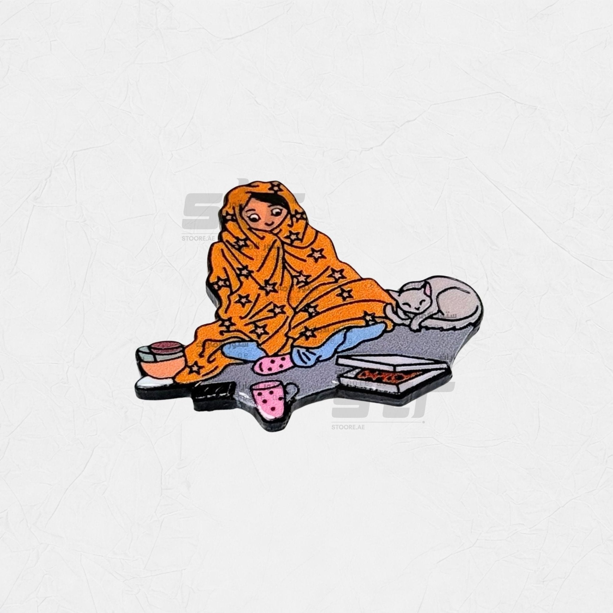 Badge Person Wrapped in a Blanket With a Cat